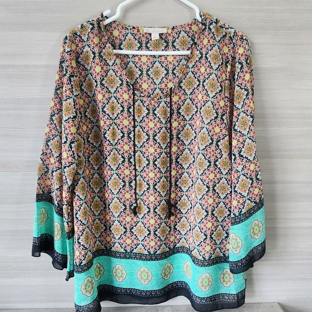 Dress Barn Semi Sheer Boho Hippie Hippy Multi-Colored Tunic Blouse Womens Size L
